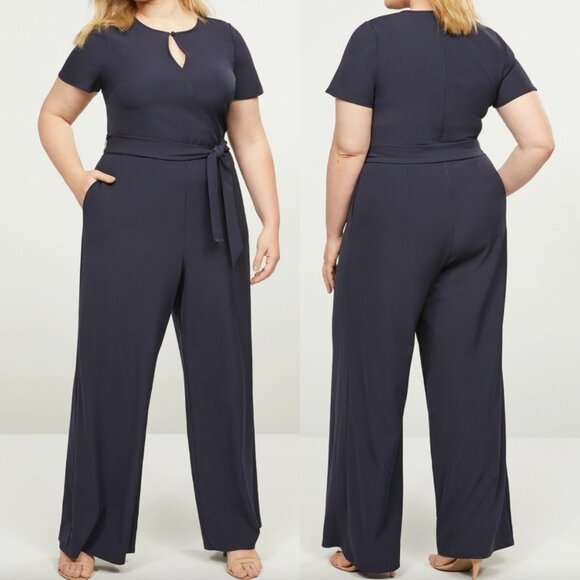 LANE BRYANT Plus Size Lena Faux Wrap Keyhole Jumpsuit Navy Blue Belted Tie Party - Picture 1 of 16